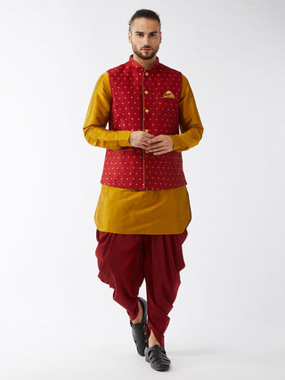 VM by Vastramay Men's Mustard And Maroon Silk Blend Jacket, Kurta And Dhoti Set - Distacart