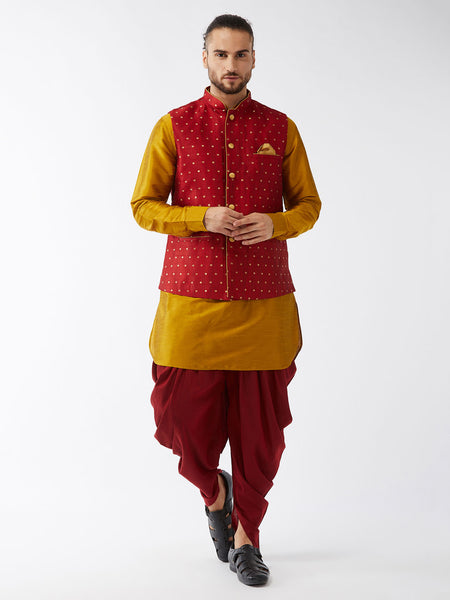 VM by Vastramay Men's Mustard And Maroon Silk Blend Jacket, Kurta And Dhoti Set - Distacart