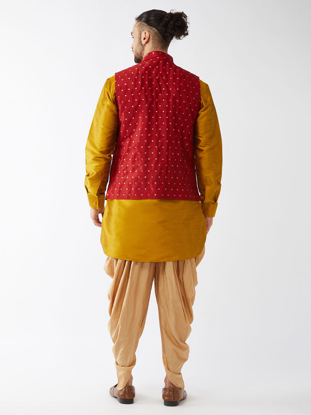VM by Vastramay Men's Mustard, Maroon And Rose Gold Silk Blend Jacket, Kurta And Dhoti Set - Distacart