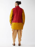 Thumbnail for VM by Vastramay Men's Mustard, Maroon And Rose Gold Silk Blend Jacket, Kurta And Dhoti Set - Distacart