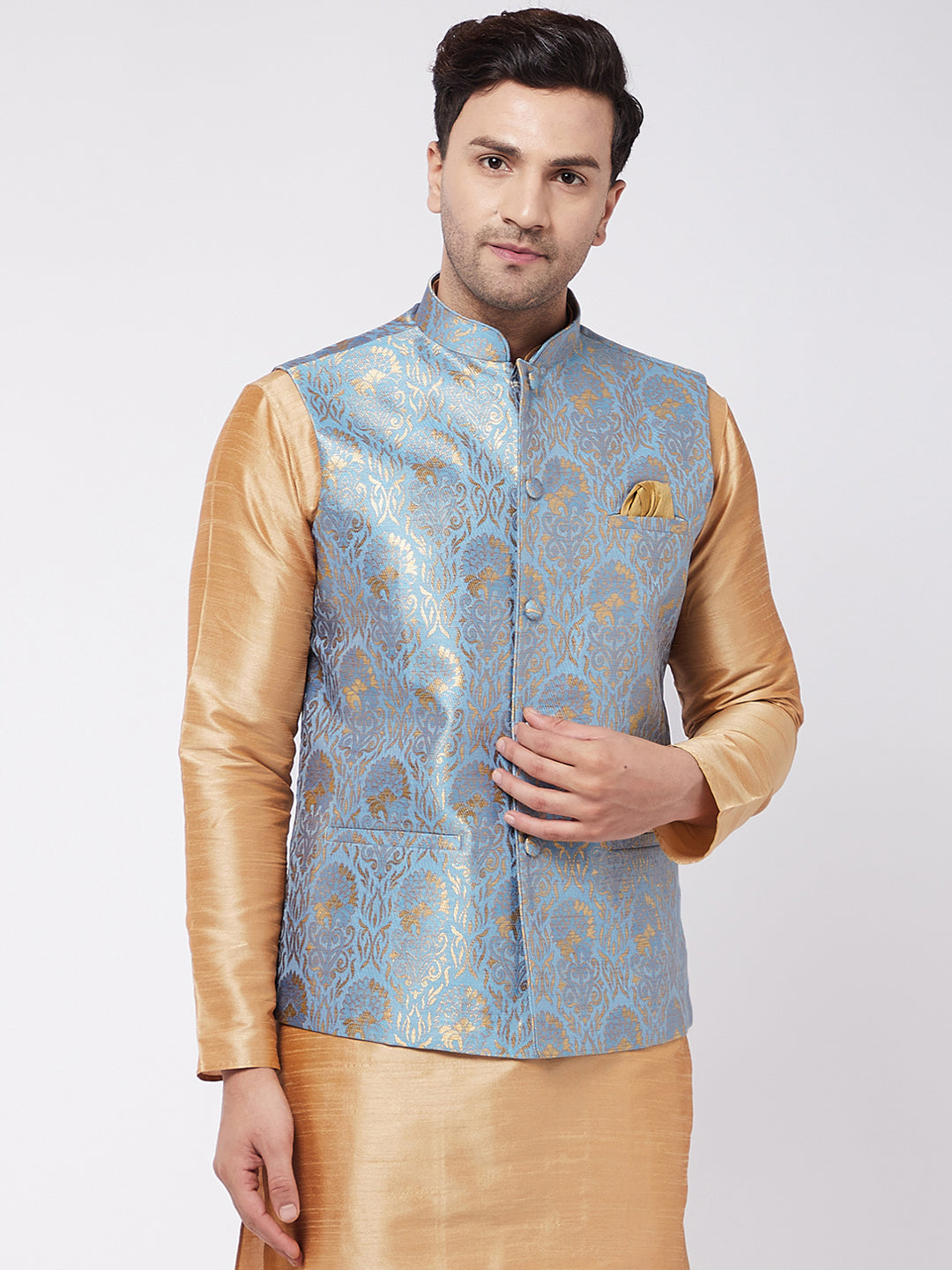 Vastramay Men's Grey Silk Blend Nehru Jacket - Distacart