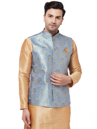 Thumbnail for Vastramay Men's Grey Silk Blend Nehru Jacket - Distacart