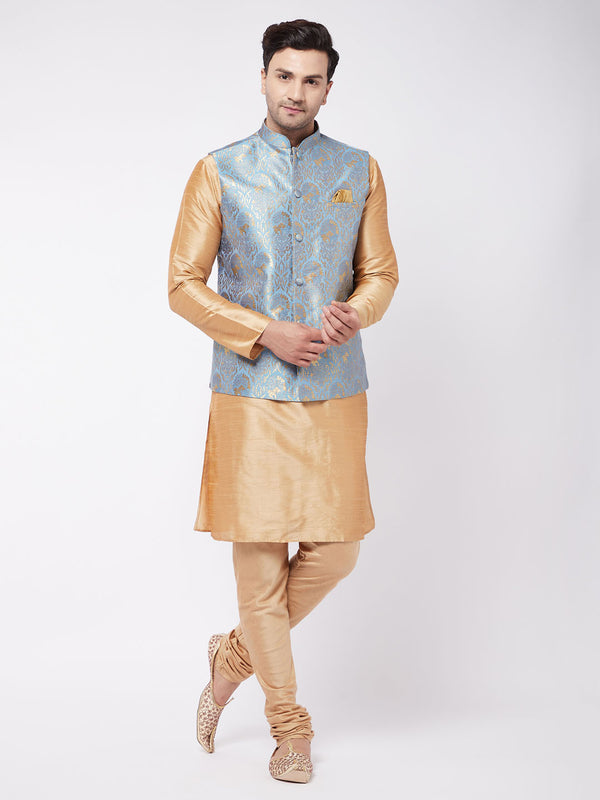 VM by Vastramay Men's Grey And Rose Gold Silk Blend Jacket, Kurta And Pyjama Set - Distacart