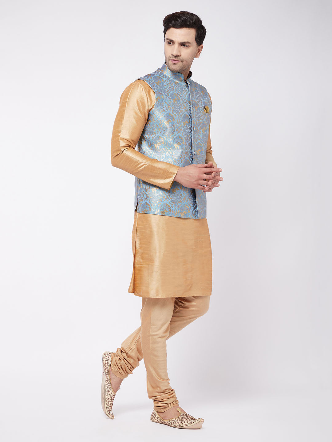 Vastramay Men's Grey And Rose Gold Silk Blend Jacket, Kurta and Pyjama Set - Distacart