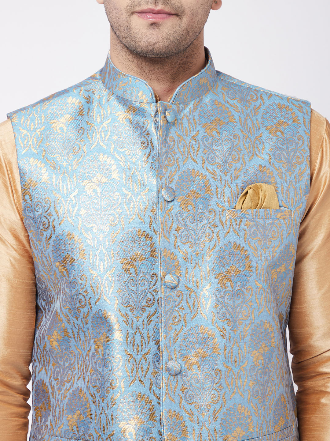 Vastramay Men's Grey And Rose Gold Silk Blend Jacket, Kurta and Pyjama Set - Distacart