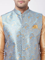 Thumbnail for Vastramay Men's Grey And Rose Gold Silk Blend Jacket, Kurta and Pyjama Set - Distacart