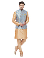 Thumbnail for Vastramay Men's Grey And Rose Gold Silk Blend Jacket, Kurta and Pyjama Set - Distacart