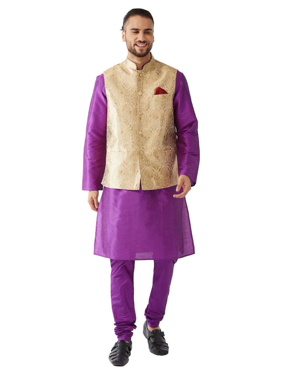 VM by Vastramay Men's Rose Gold And Purple Silk Blend Jacket, Kurta And Pyjama Set - Distacart