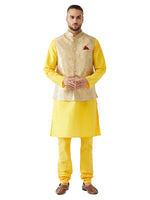 Thumbnail for VM by Vastramay Men's Rose Gold And Yellow Silk Blend Jacket, Kurta And Pyjama Set - Distacart