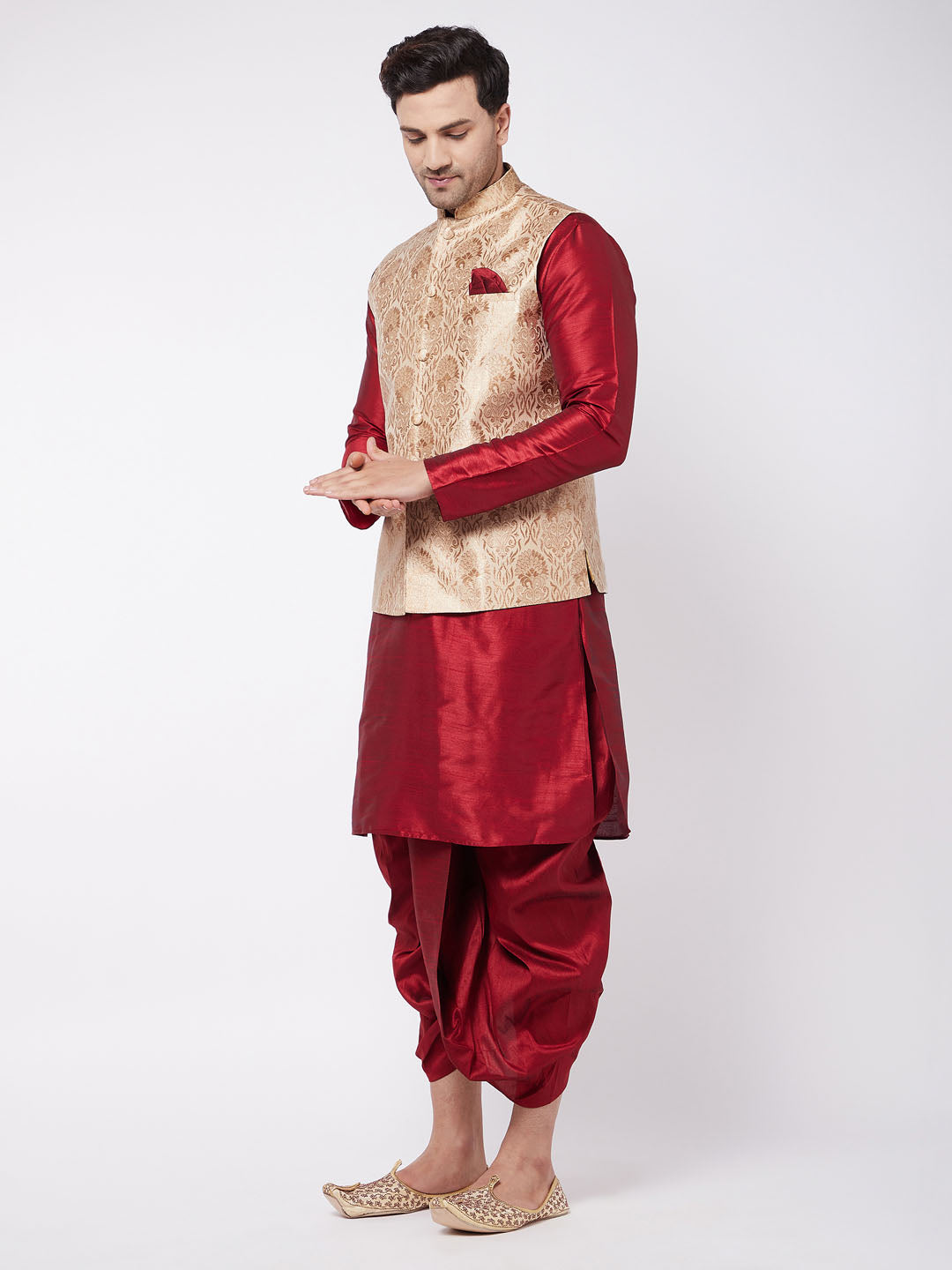 VM by Vastramay Men's Gold And Maroon Silk Blend Jacket, Kurta And Dhoti Set - Distacart