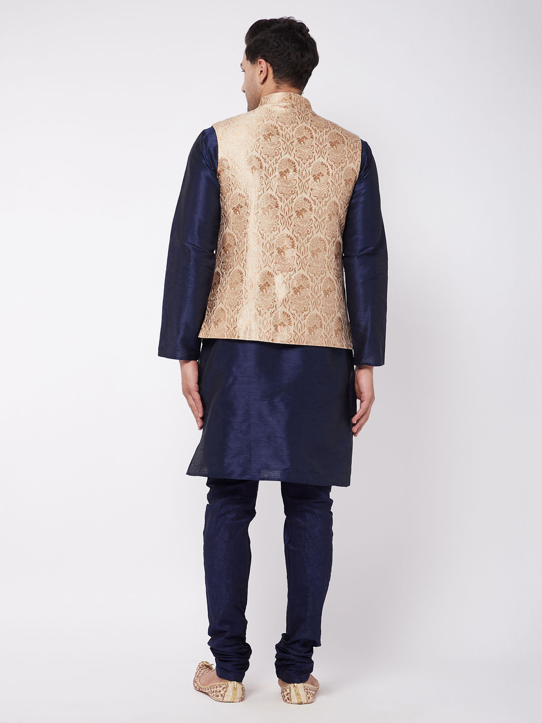 VM by Vastramay Men's Rose Gold And Navy Blue Silk Blend Jacket, Kurta And Pyjama Set - Distacart