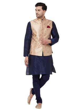 Vastramay Men's Rose Gold And Navy Blue Silk Blend Jacket, Kurta and Pyjama Set - Distacart