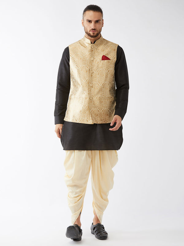VM by Vastramay Men's Black, Rose Gold And Gold Silk Blend Jacket, Kurta And Dhoti Set - Distacart