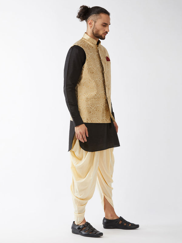 VM by Vastramay Men's Black, Rose Gold And Gold Silk Blend Jacket, Kurta And Dhoti Set - Distacart