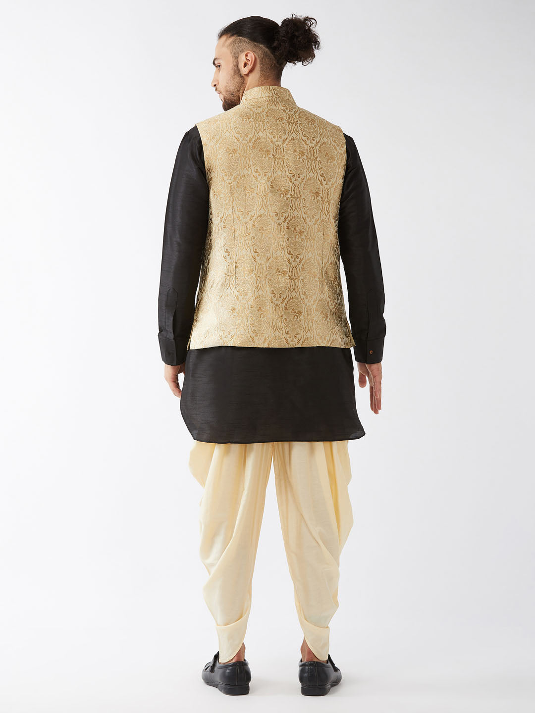 VM by Vastramay Men's Black, Rose Gold And Gold Silk Blend Jacket, Kurta And Dhoti Set - Distacart