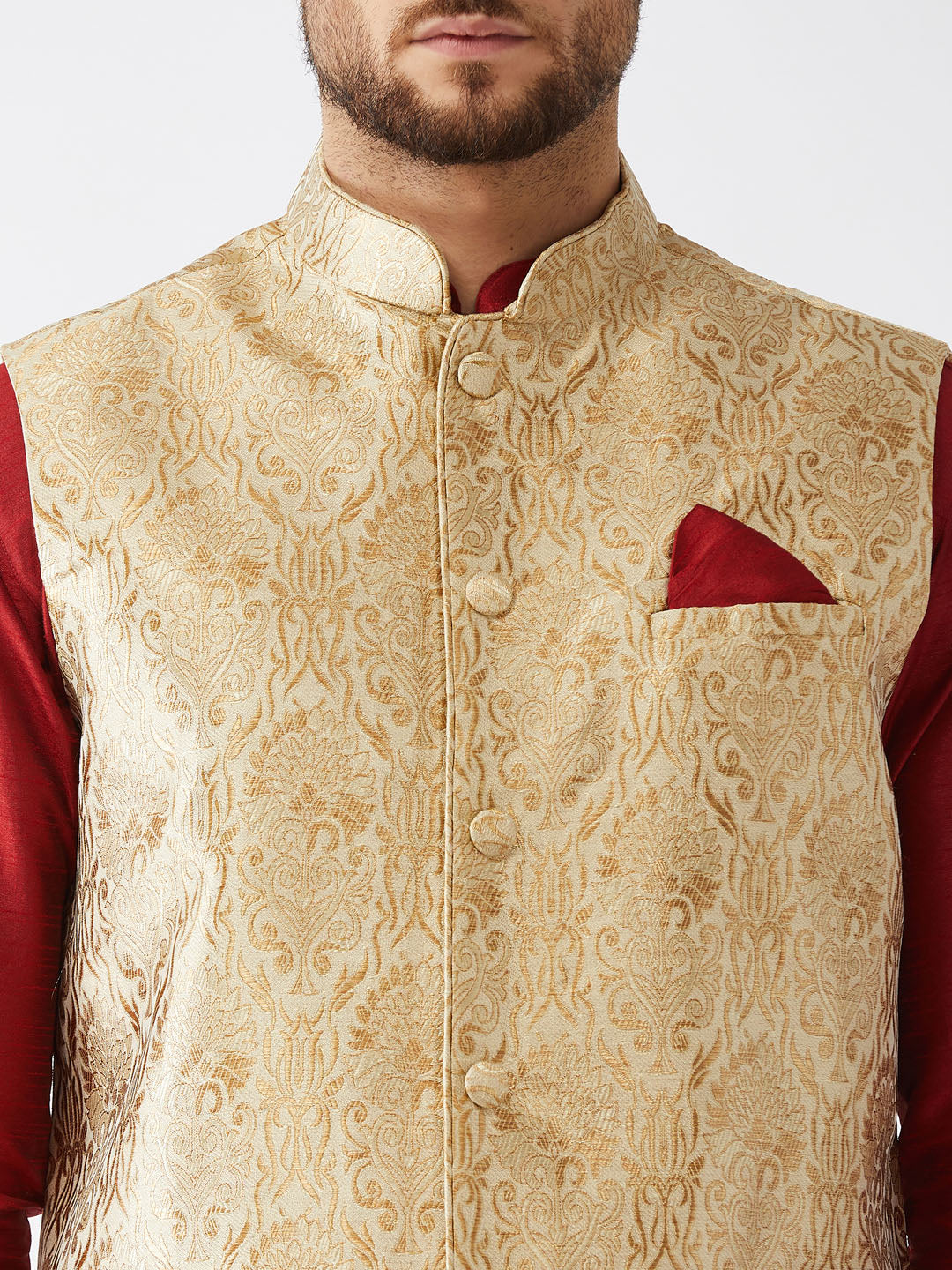 VM by Vastramay Men's Maroon, Rose Gold And Gold Silk Blend Jacket, Kurta And Dhoti Set - Distacart
