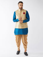 Thumbnail for VM by Vastramay Men's Turquoise And Rose Gold Silk Blend Jacket, Kurta And Dhoti Set - Distacart