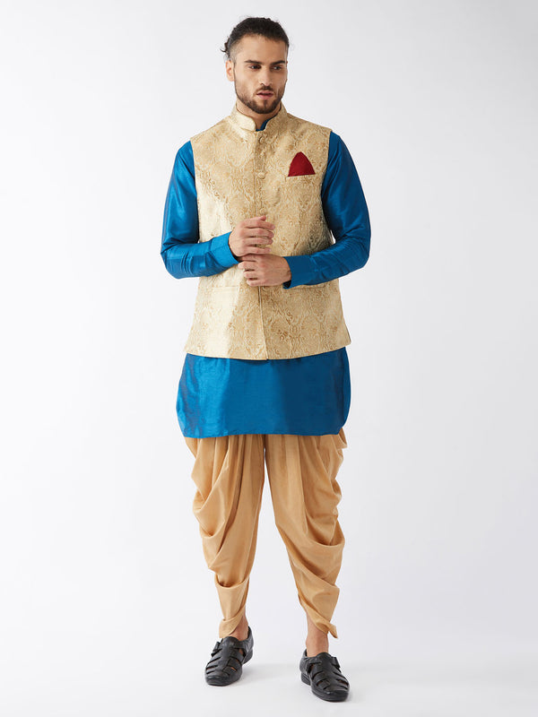 VM by Vastramay Men's Turquoise And Rose Gold Silk Blend Jacket, Kurta And Dhoti Set - Distacart