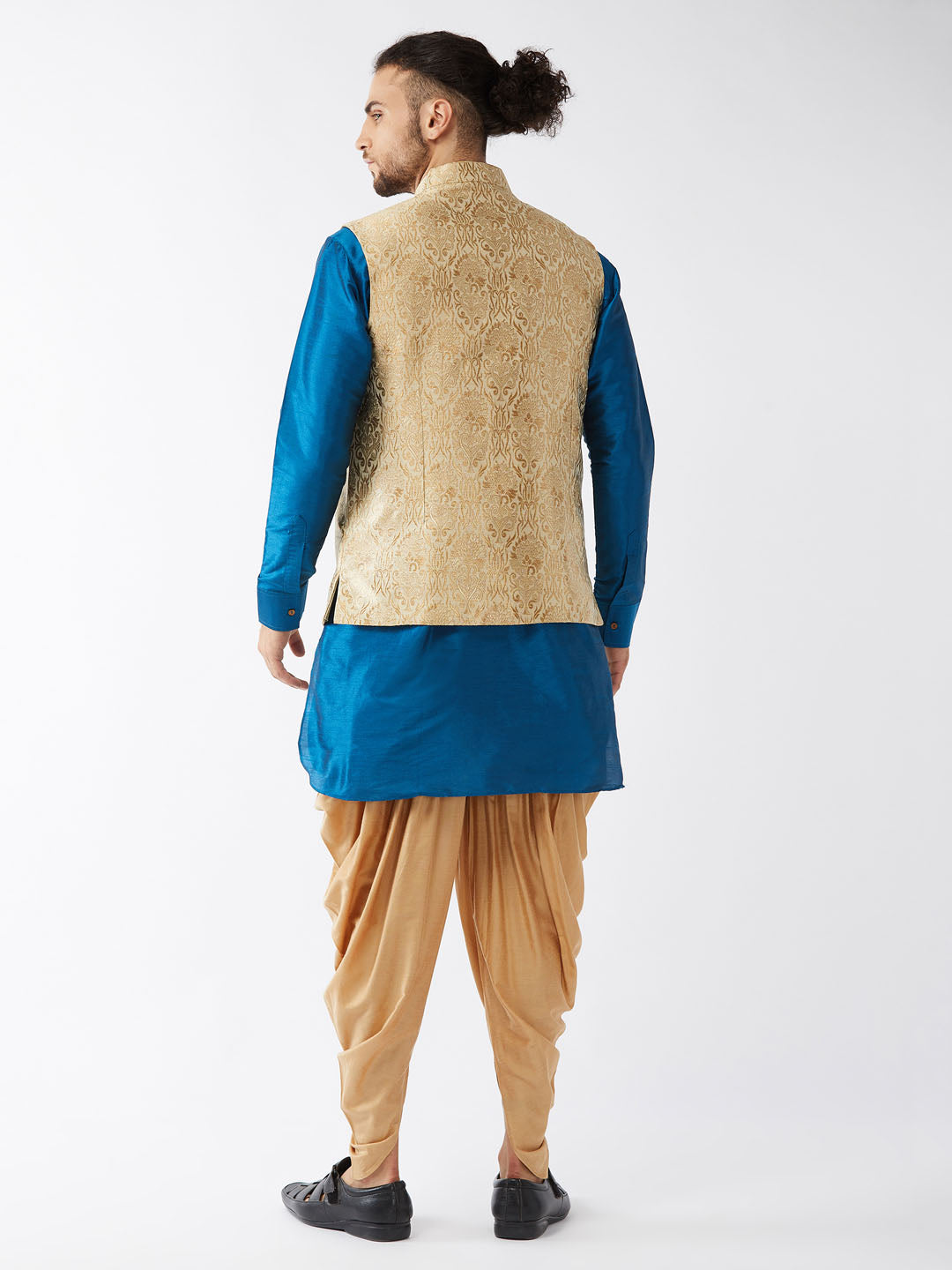 VM by Vastramay Men's Turquoise And Rose Gold Silk Blend Jacket, Kurta And Dhoti Set - Distacart