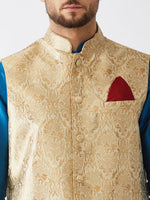 Thumbnail for VM by Vastramay Men's Turquoise And Rose Gold Silk Blend Jacket, Kurta And Dhoti Set - Distacart