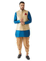 Thumbnail for VM by Vastramay Men's Turquoise And Rose Gold Silk Blend Jacket, Kurta And Dhoti Set - Distacart