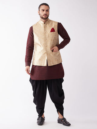 VM by Vastramay Men's Wine, Rose Gold And Black Silk Blend Jacket, Kurta And Dhoti Set - Distacart