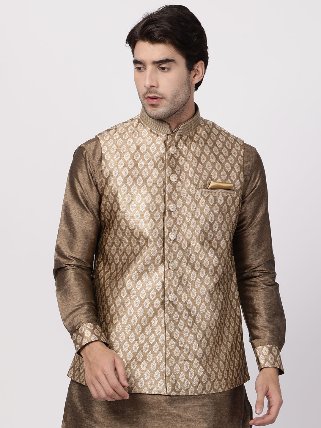 Vastramay Men's Gold Silk Blend Nehru Jacket - Distacart