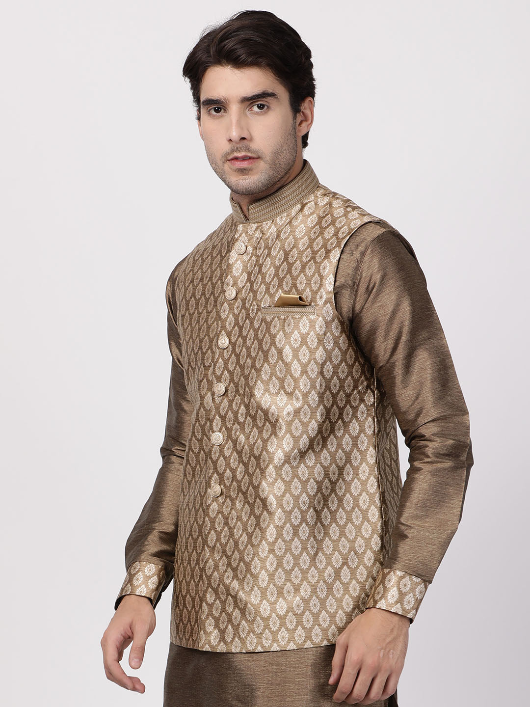 Vastramay Men's Gold Silk Blend Nehru Jacket - Distacart