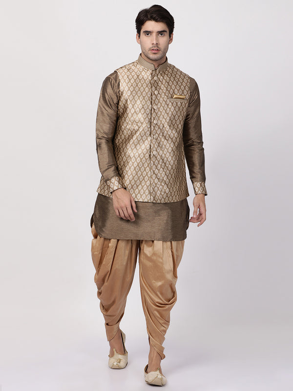 VM by Vastramay Men's Gold Silk Blend Jacket, Kurta And Dhoti Set - Distacart