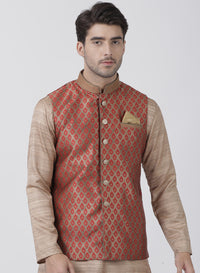 Thumbnail for Vastramay Men's Maroon Silk Blend Nehru Jacket - Distacart