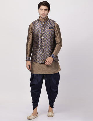 VM by Vastramay Men's Dark Blue Silk Blend Jacket, Kurta And Dhoti Set - Distacart