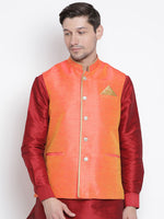 Thumbnail for Vastramay Men's Orange Silk Blend Nehru Jacket - Distacart