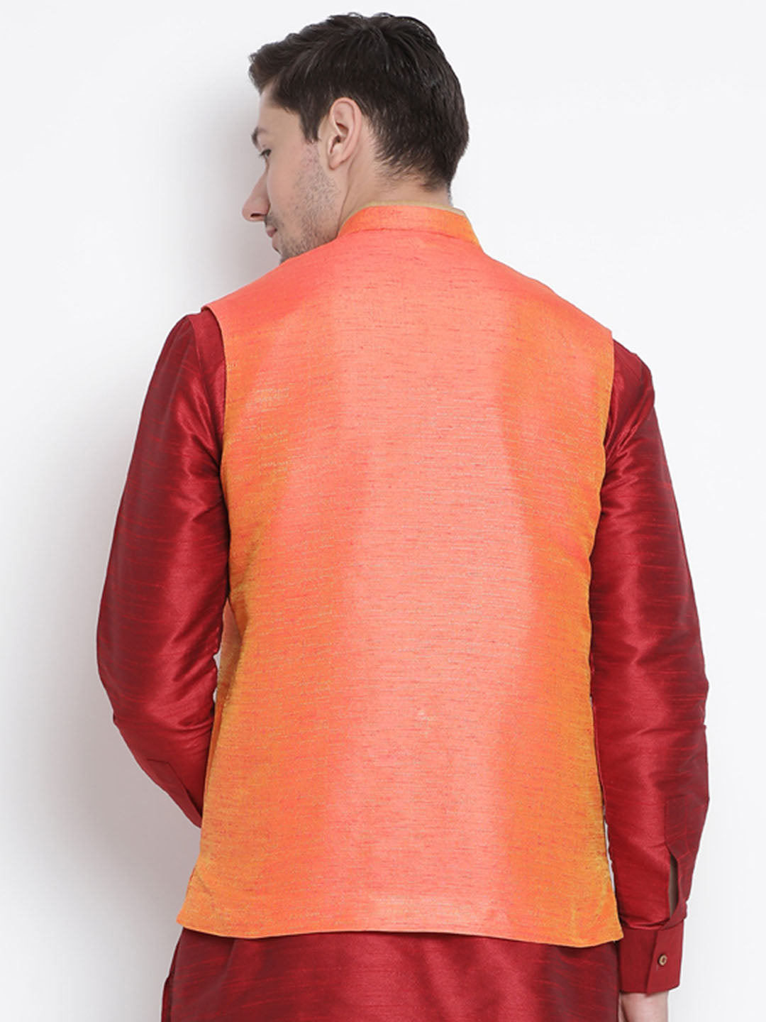 Vastramay Men's Orange Silk Blend Nehru Jacket - Distacart