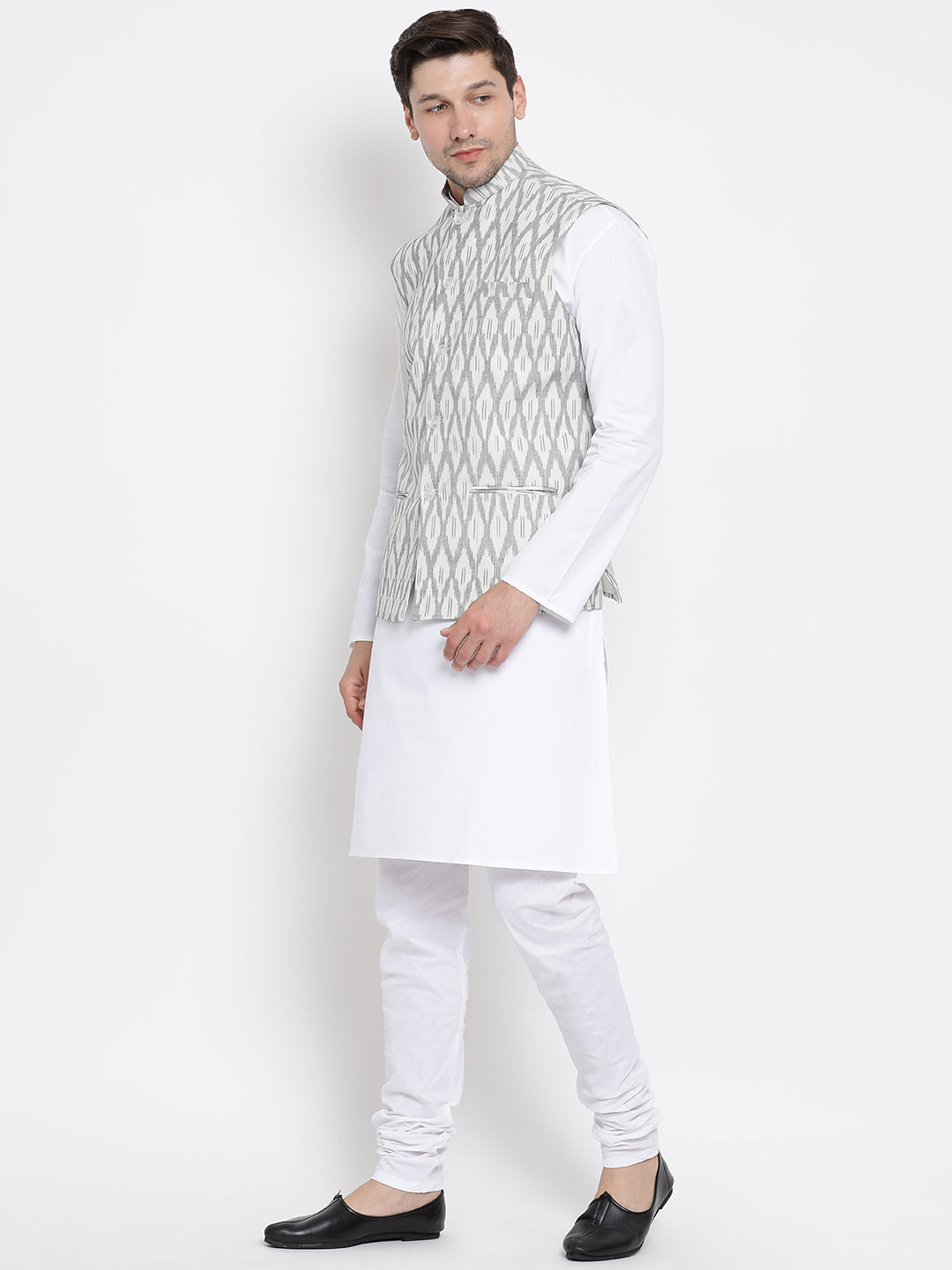 Vastramay Men's White Pure Cotton Jacket, Kurta and Pyjama Set - Distacart