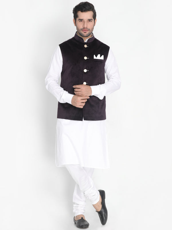 Vastramay Men's White Cotton Blend Jacket, Kurta and Pyjama Set - Distacart