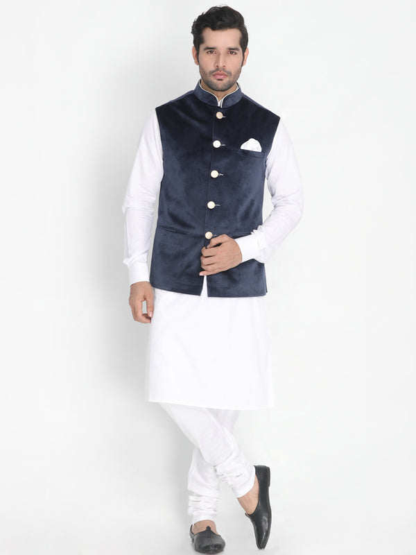 Vastramay Men's White Cotton Blend Jacket, Kurta and Pyjama Set - Distacart