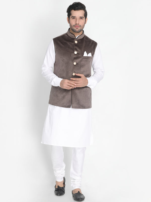 Vastramay Men's White Cotton Blend Jacket, Kurta and Pyjama Set - Distacart