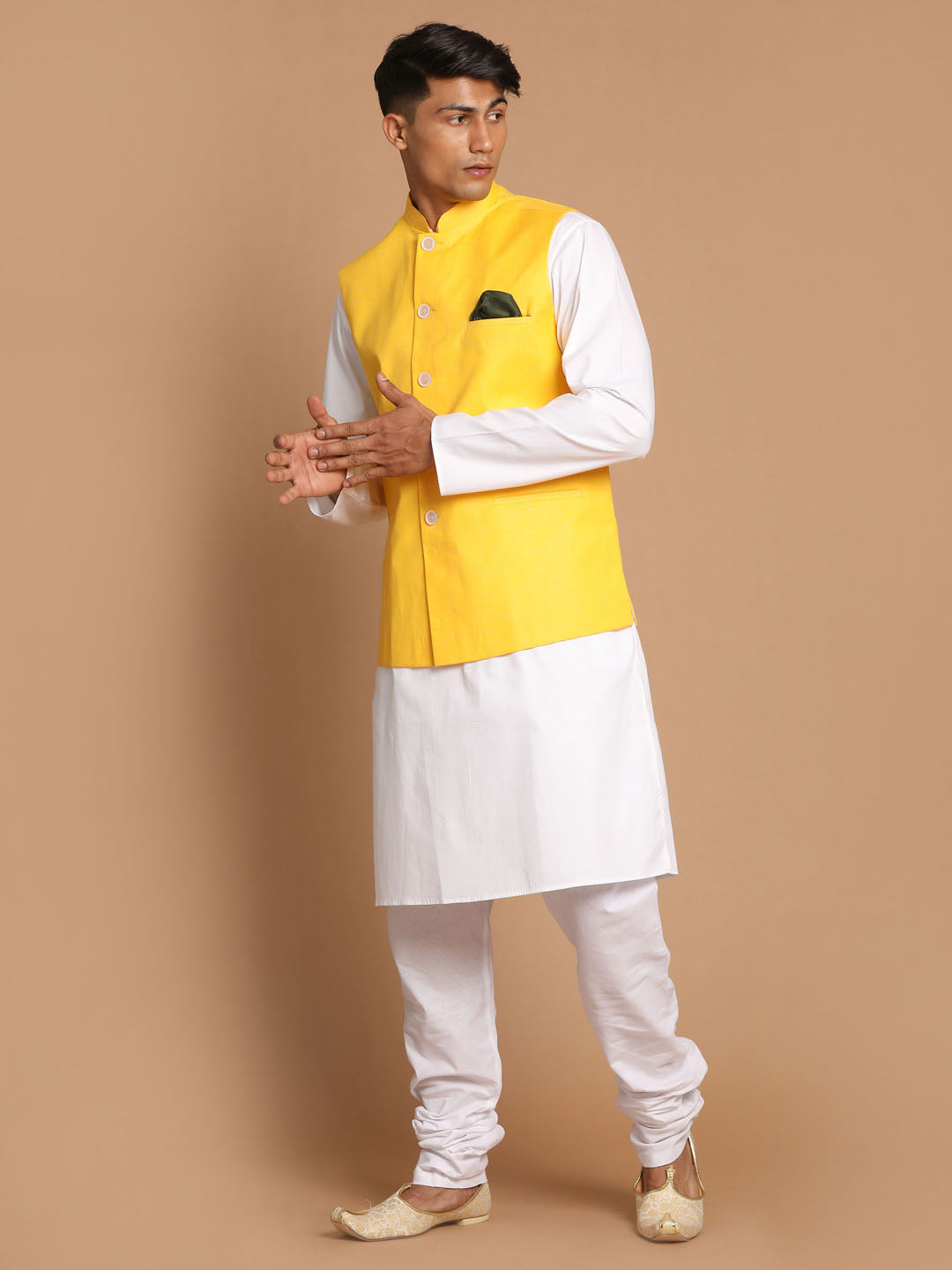Vastramay Men's Yellow And White Pure Cotton Jacket, Kurta And Pyjama Set - Distacart