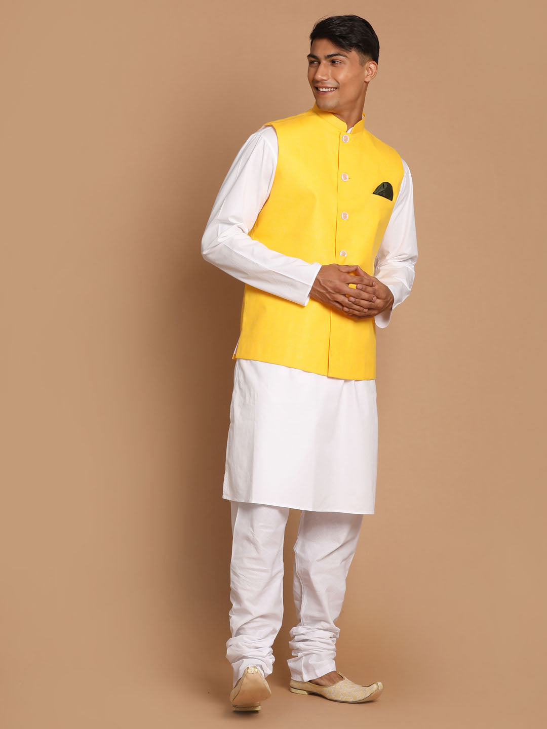 Vastramay Men's Yellow And White Pure Cotton Jacket, Kurta And Pyjama Set - Distacart