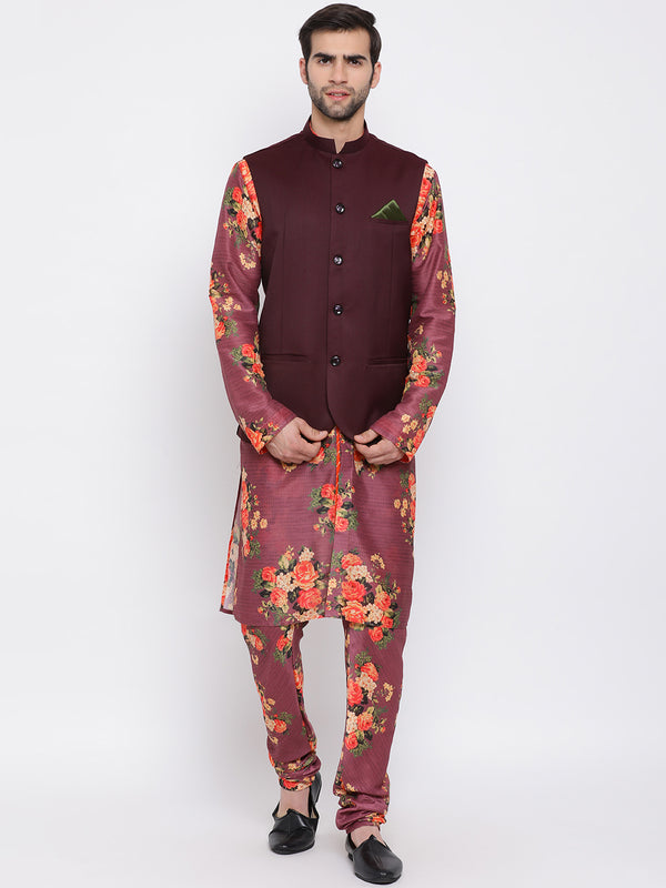 Vastramay Men's Purple Silk Blend Jacket, Kurta and Pyjama Set - Distacart
