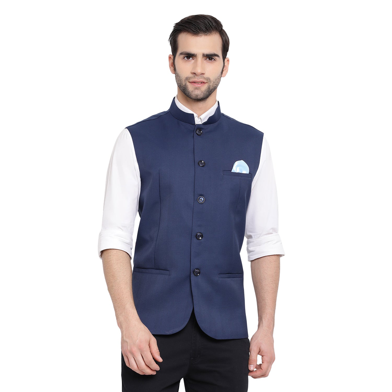 Vastramay Men's Navy Blue Cotton Silk Nehru Jacket - Distacart