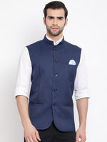 Thumbnail for Vastramay Men's Navy Blue Cotton Silk Nehru Jacket - Distacart