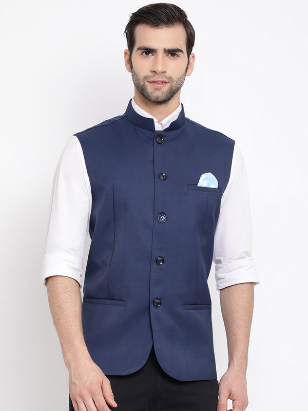 Vastramay Men's Navy Blue Cotton Silk Nehru Jacket - Distacart