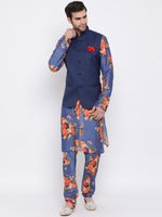 Thumbnail for Vastramay Men's Blue Silk Blend Jacket, Kurta and Pyjama Set - Distacart