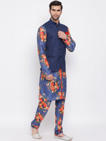 Thumbnail for Vastramay Men's Blue Silk Blend Jacket, Kurta and Pyjama Set - Distacart
