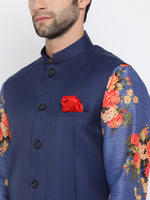 Thumbnail for Vastramay Men's Blue Silk Blend Jacket, Kurta and Pyjama Set - Distacart