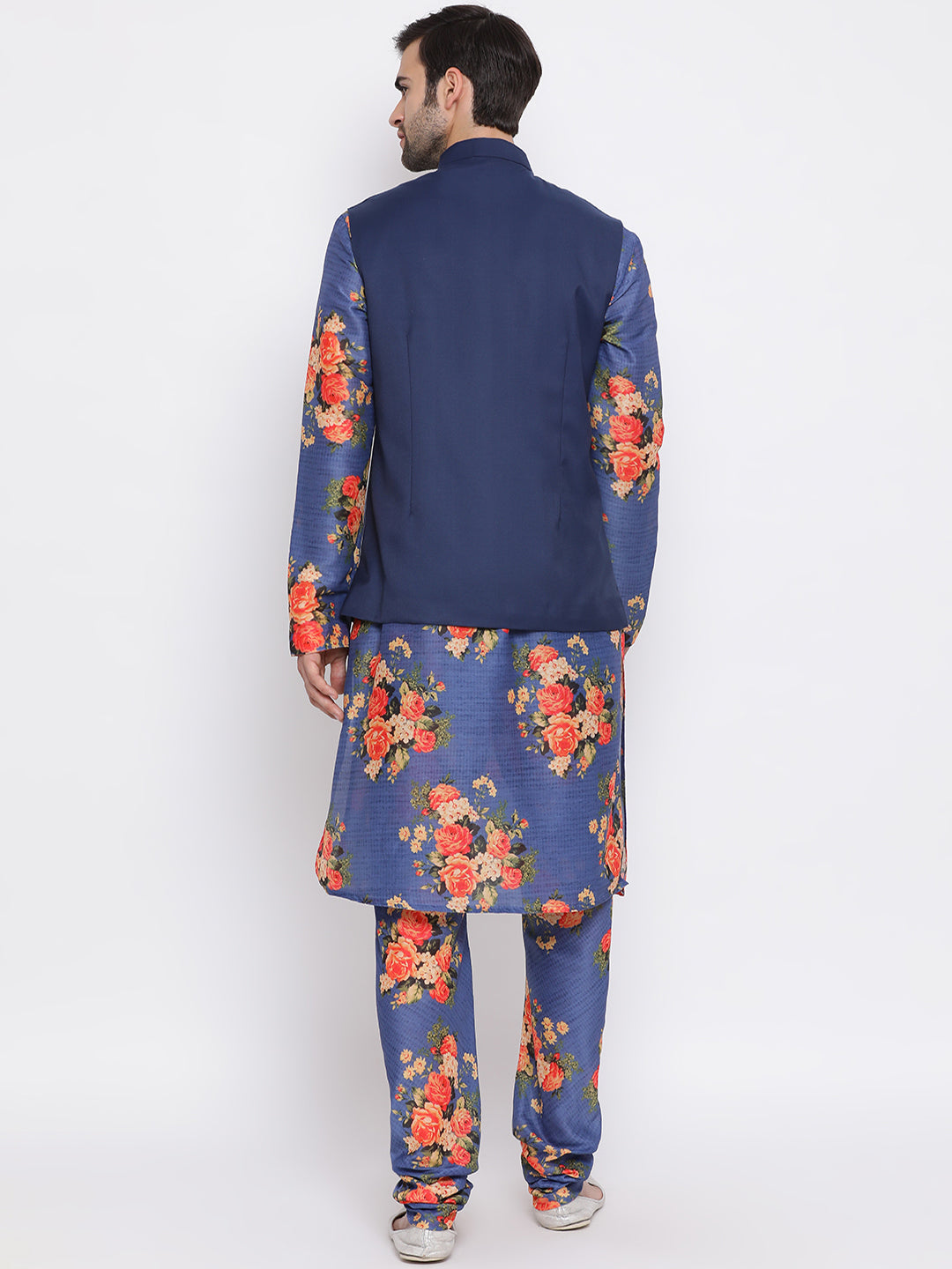 Vastramay Men's Blue Silk Blend Jacket, Kurta and Pyjama Set - Distacart