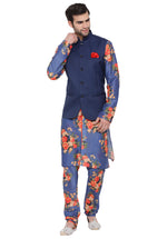 Thumbnail for Vastramay Men's Blue Silk Blend Jacket, Kurta and Pyjama Set - Distacart