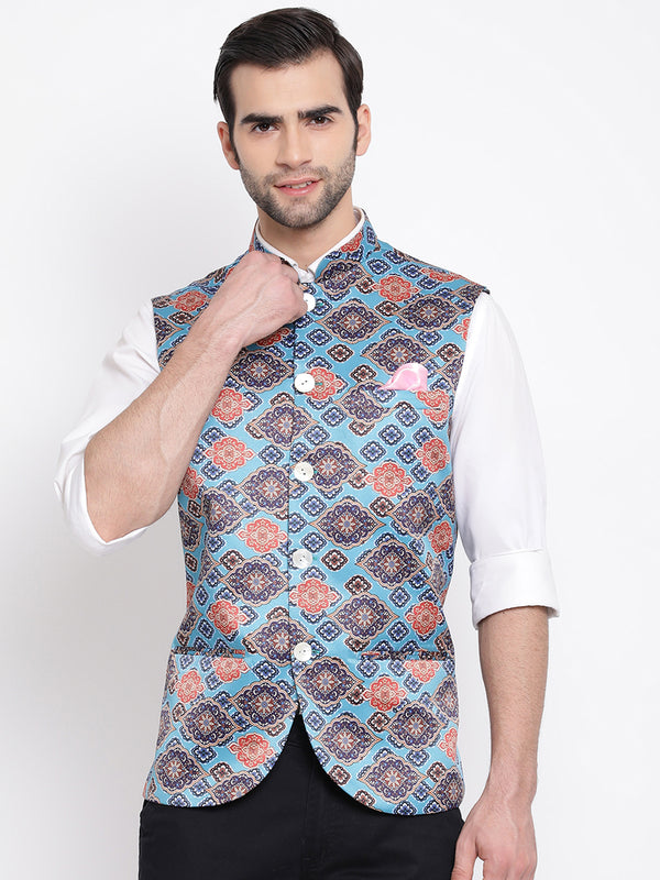 Vastramay Men's Blue Silk Blend Nehru Jacket - Distacart