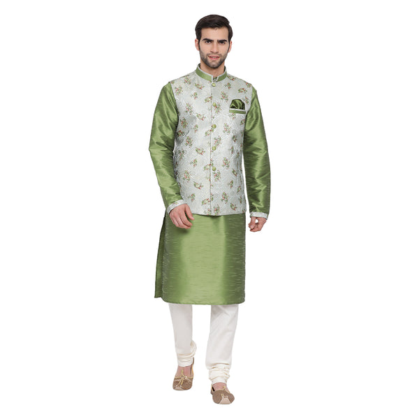 Vastramay Men's Green Cotton Silk Jacket, Kurta and Pyjama Set - Distacart